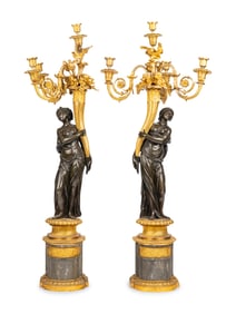 A Pair of Louis XVI Gilt and Patinated Bronze Four-Light Candelabra