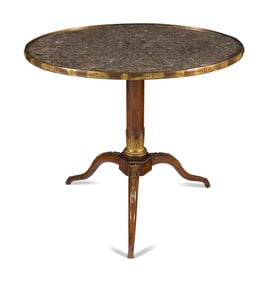 A Louis XVI Gilt Bronze Mounted Mahogany Lumachella Marble-Inset Guéridon