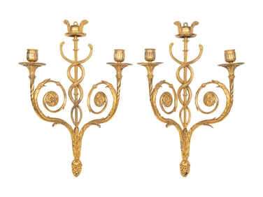 A Pair of Late Louis XVI Gilt Bronze Two-Light Wall Sconces