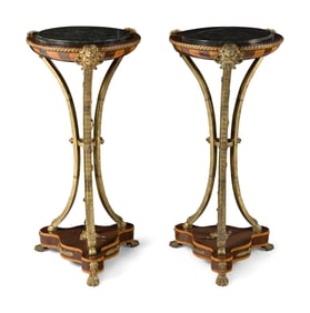 A Pair of Louis XVI Style Gilt Bronze Mounted Fruitwood Marble-Top Pedestal Tables