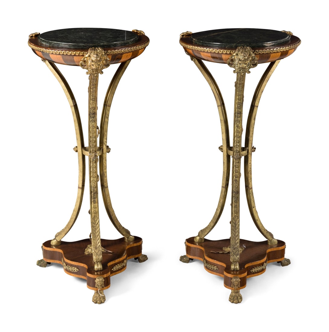 A Pair of Louis XVI Style Gilt Bronze Mounted Fruitwood Marble-Top Pedestal Tables (1 of 4)
