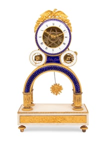 A Directoire Ormolu, Enamel and White Marble Skeleton Clock