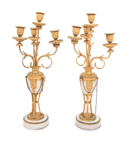 A Pair of French Gilt Bronze and Marble Four-Light Candelabra