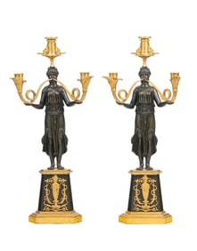 A Pair of Empire Gilt and Patinated Bronze Three-Light Candelabra