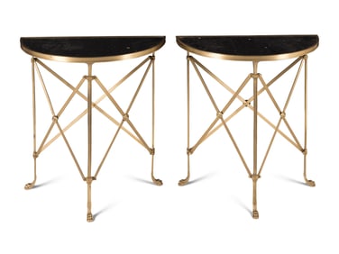 A Pair of Empire Style Gilt Bronze and Marble-Top Demilune Console Tables