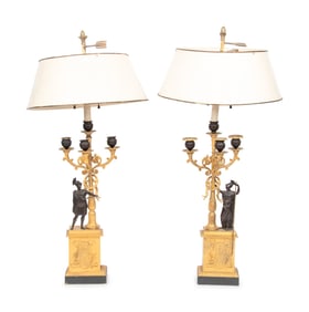A Pair of Empire Gilt and Patinated Bronze Four-Light Candelabra