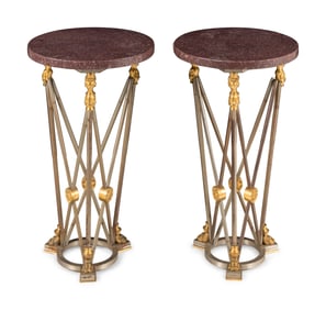 A Pair of Empire Style Gilt Bronze, Steel and Faux Porphyry Guéridons