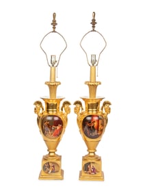 A Pair of Empire Style Painted and Parcel Gilt Porcelain Urns