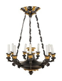 A Restauration Gilt and Patinated Bronze Nine-Light Chandelier