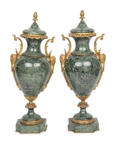 A Pair of French Gilt Bronze Mounted Marble Urns