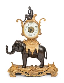 A French Gilt and Patinated Bronze Elephant and Rider Mantel Clock