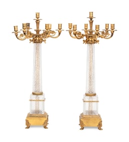 A Pair of Louis-Philippe Style Gilt Metal Mounted Cut Glass Seven-Light Candelabra