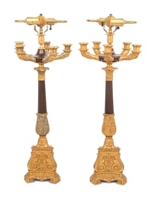A Pair of Louis-Philippe Gilt and Patinated Bronze Five-Light Candelabra