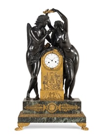 A French Parcel Gilt and Patinated Bronze Figural Mantel Clock