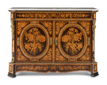 A Napoleon III Gilt Bronze Mounted Marquetry Marble-Top Meuble d'Appui
