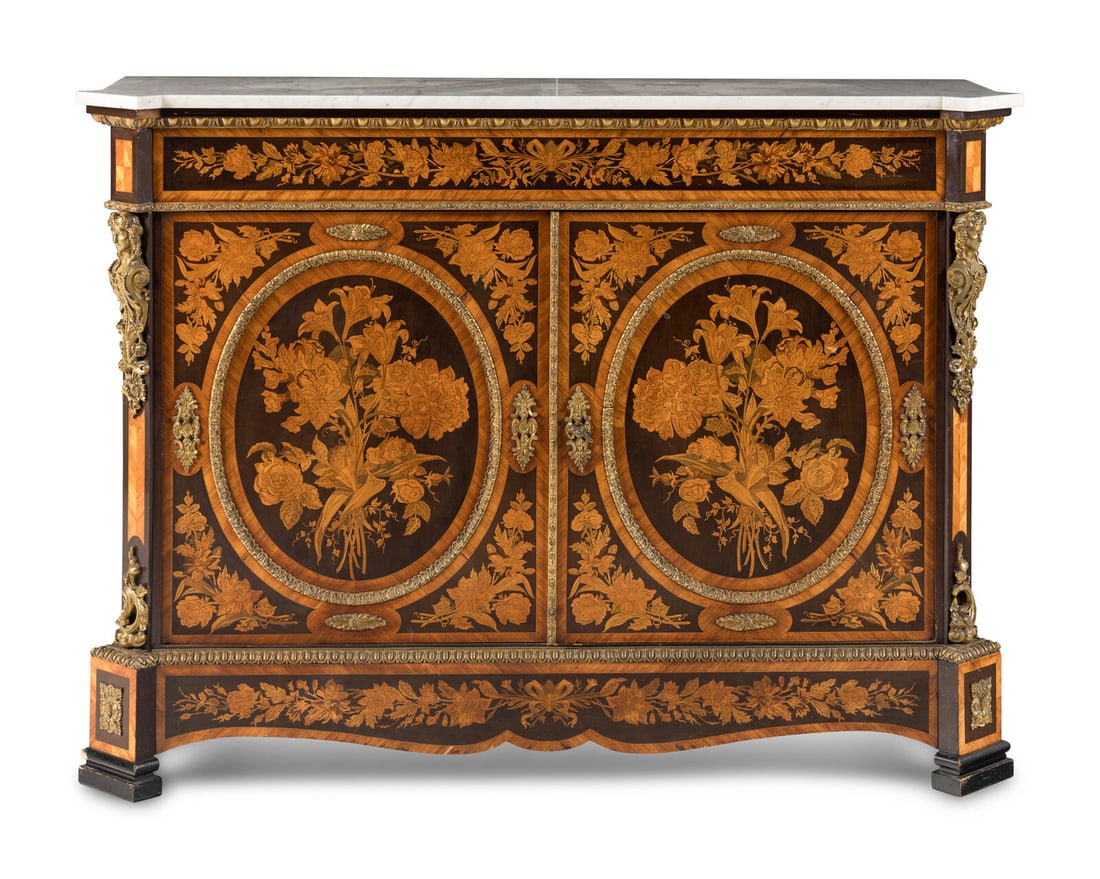 A Napoleon III Gilt Bronze Mounted Marquetry Marble-Top Meuble d'Appui (1 of 4)