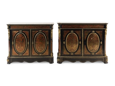 A Near Pair of Napoleon III Boulle Marquetry Marble-Top Side Cabinets