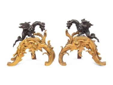 A Pair of French Gilt and Patinated Bronze Chenets