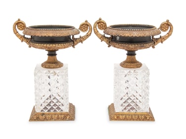A Pair of French Gilt and Patinated Bronze and Cut Glass Urns