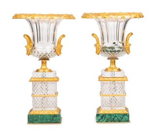 A Pair of French Gilt Bronze Mounted Cut Glass and Malachite Vases