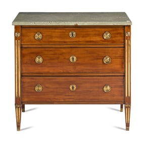 A Swedish Neoclassical Gilt Bronze Mounted Mahogany Marble-Top Bureau Chest