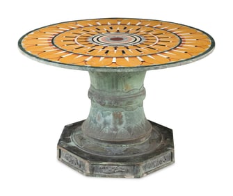 A Continental Specimen Marble Table Top with an Associated Verdigris Bronze Base