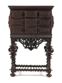 A Portuguese Baroque Style Carved Walnut Cabinet on Stand