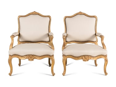 A Pair of Italian Rococo Shell-Carved Giltwood Fauteuils