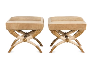 A Pair of Italian Cream-Painted and Parcel Gilt Curule-Form Stools
