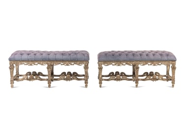 A Pair of Italian Baroque Style Silvered Wood Benches