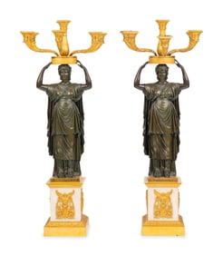 A Pair of Italian Gilt and Patinated Bronze and Marble Six-Light Candelabra