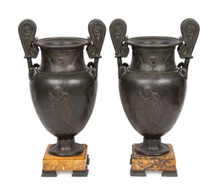 A Pair of Grand Tour Patinated White Metal and Siena Marble Vases