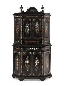 An Italian Marquetry and Pietra Dura Plaque Mounted Ebonized Cabinet