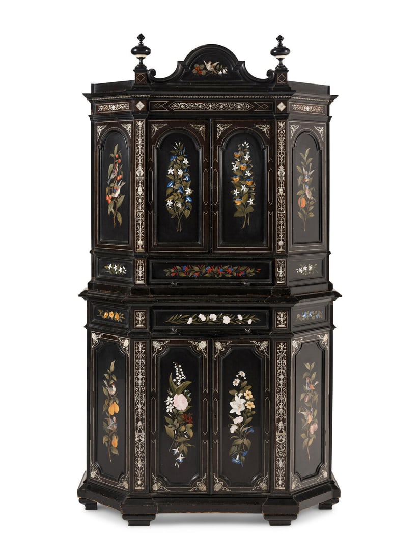 An Italian Marquetry and Pietra Dura Plaque Mounted Ebonized Cabinet (1 of 4)