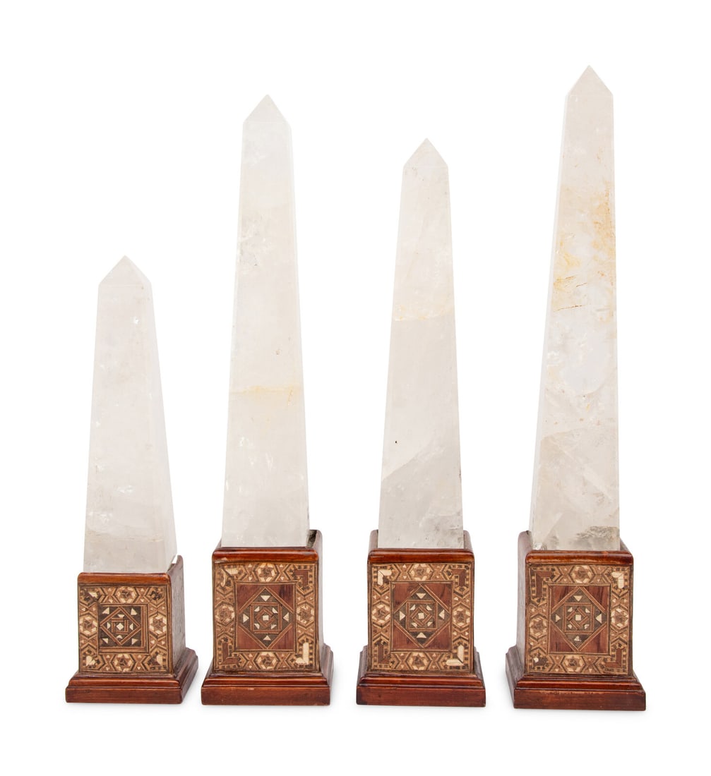 A Group of Four Rock Crystal and Marquetry Obelisks: A Group of Four Rock Crystal and Marquetry Obelisks 20th Century Height of tallest 20 1/2 inches. Property of a California Collector This lot is located in Chicago. Provenance: Bonhams, Los Angeles, T