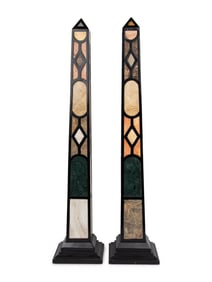 A Pair of Neoclassical Style Ebonized and Specimen Marble Obelisks