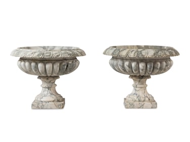 A Pair of Neoclassical Style White and Grey Veined Marble Jardinières