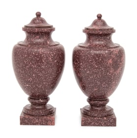 A Pair of Neoclassical Style Carved Porphyry Covered Urns