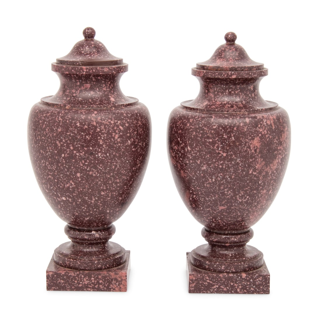 A Pair of Neoclassical Style Carved Porphyry Covered Urns (1 of 3)