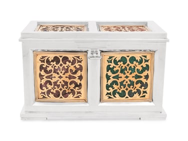 A Continental Baroque Style Silvered and Gilt Metal and Marble Inset Table Casket