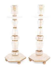 A Pair of Baroque Style Gilt Metal Mounted Rock Crystal Candlesticks