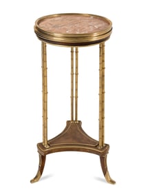 A Pair of Gilt Bronze and Burl Walnut Marble-Top Side Tables