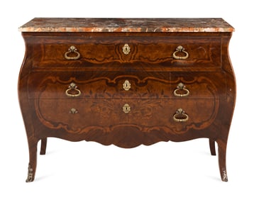 An Italian Walnut and Marquetry Marble-Top Bombé Bureau Commode