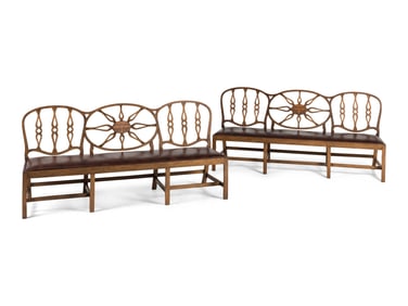 A Pair of George III Style Inlaid Mahogany Triple-Back Settees