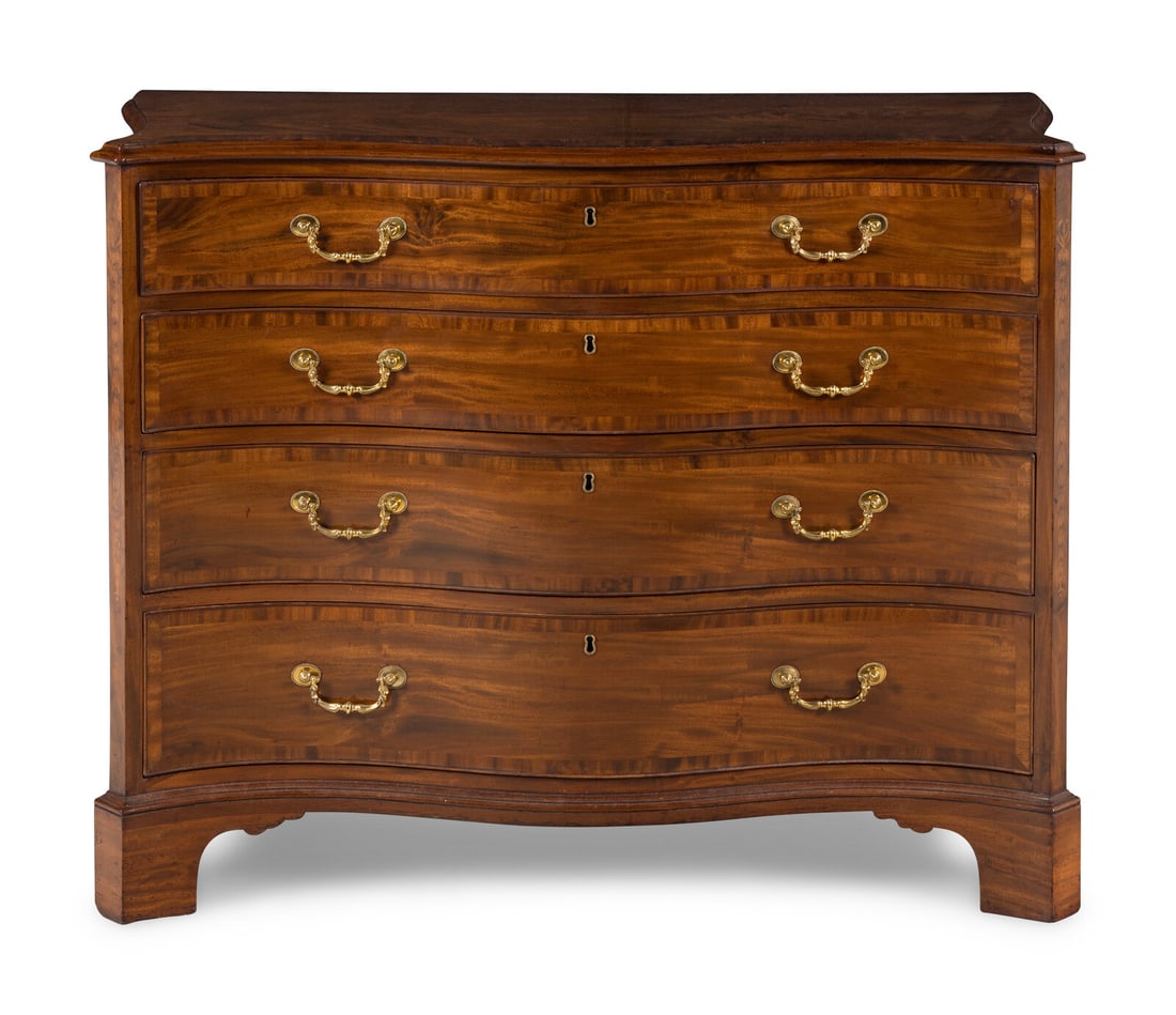 A George III Mahogany Serpentine Chest of Drawers: A George III Mahogany Serpentine Chest of Drawers Circa 1770 Height 35 1/4 x width 47 x depth 23 1/2 inches. This lot is located in Chicago.