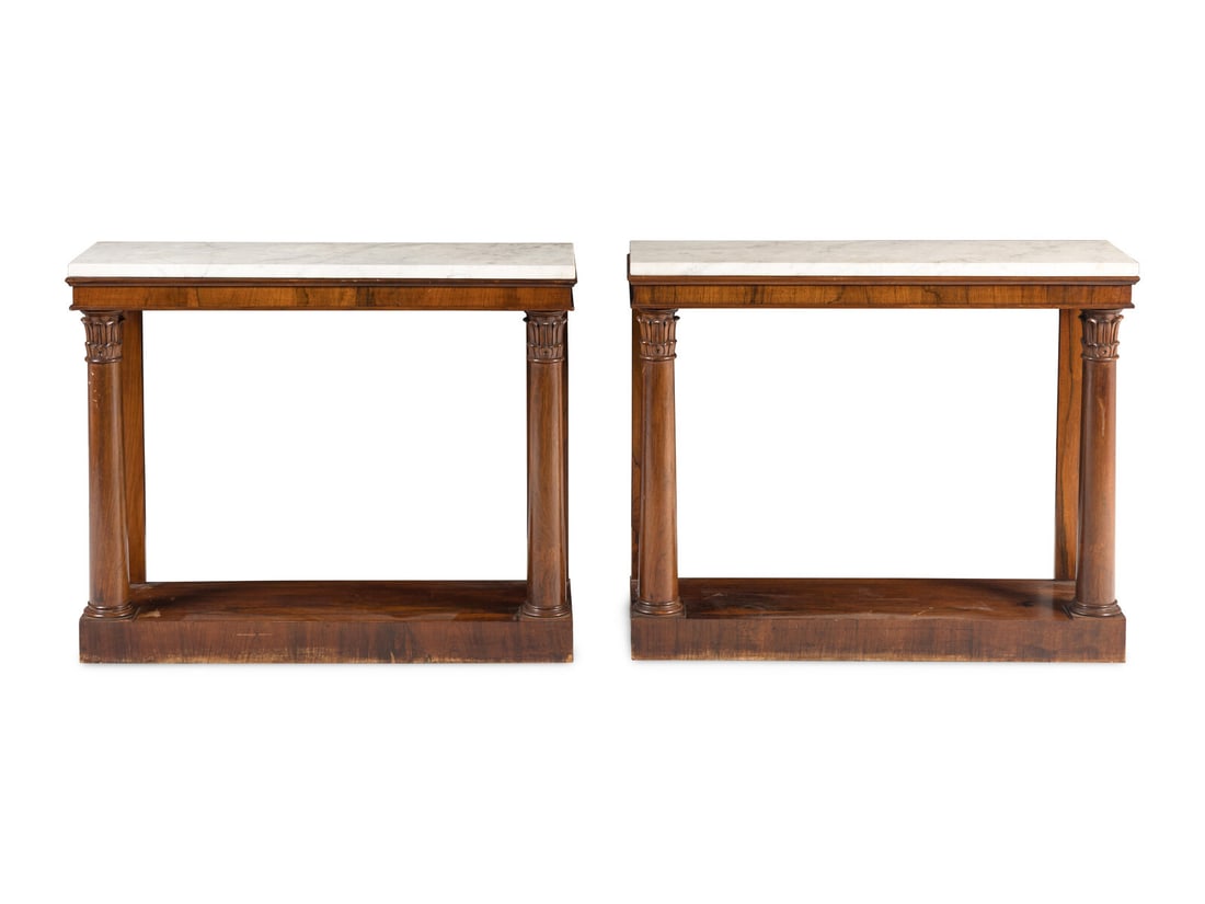 A Pair of George IV Gonçalo Alves Marble-Top Console Tables: A Pair of George IV Gonçalo Alves Marble-Top Console Tables Circa 1825 Height 36 x width 44 1/2 x depth 14 inches. Property of a California Collector This lot is located in Chicago. Provenance: A