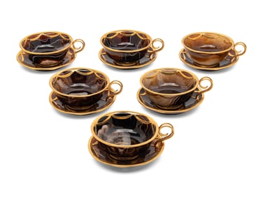 A Set of Six 18-Karat Gold Mounted Agate Cups and Saucers