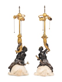 A Pair of American Gilt and Patinated Bronze and Carved Marble Figural Table Lamps
