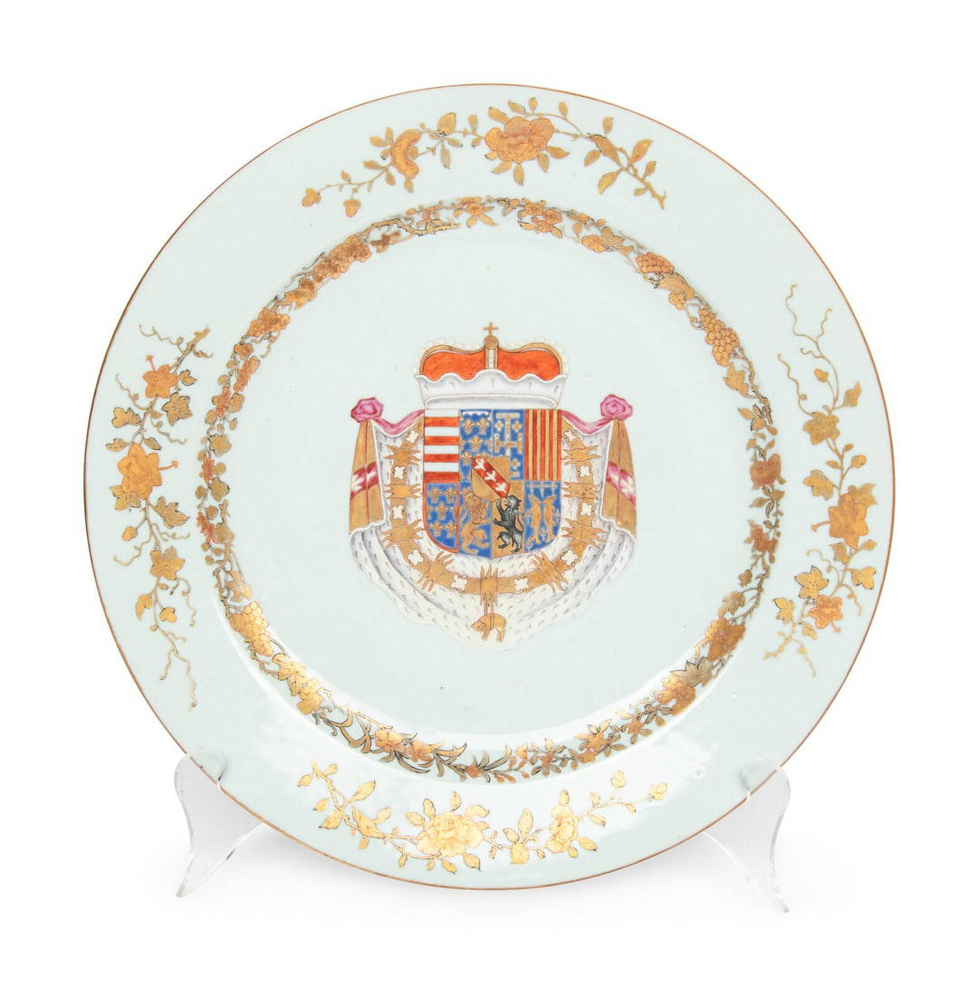 A Chinese Export Parcel-Gilt Armorial Porcelain Charger