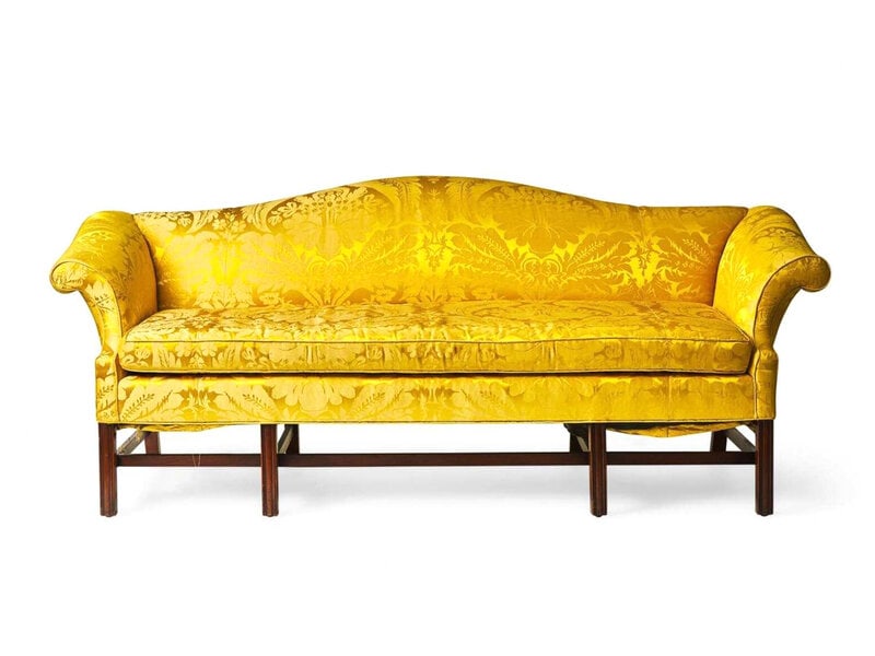 A Chippendale Style Mahogany Camelback Sofa with Yellow Silk Damask Upholstery (1 of 1)